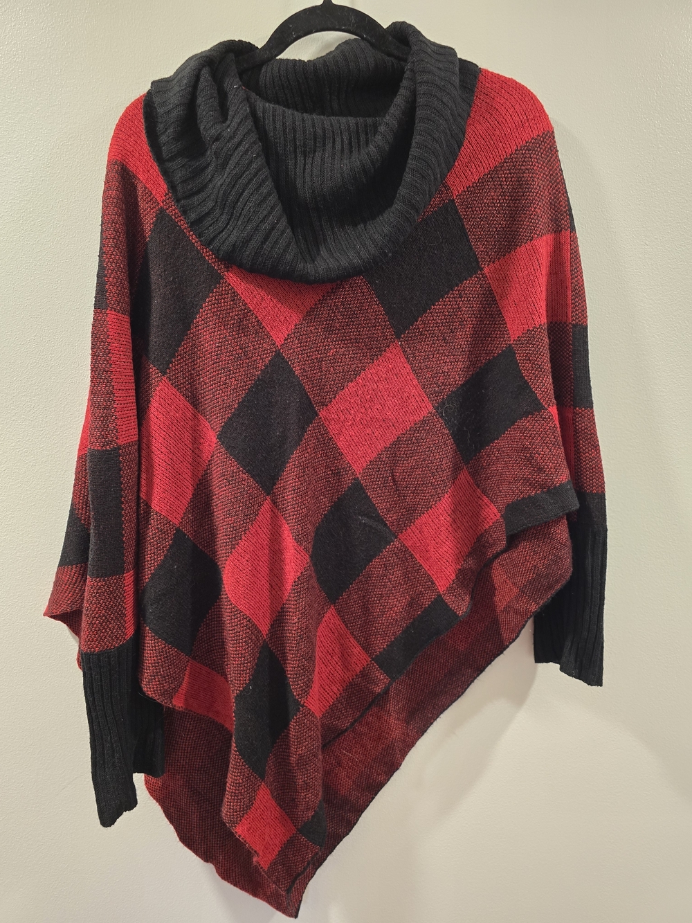Relativity Red and Black Plaid Cowl-Neck Poncho Sweater